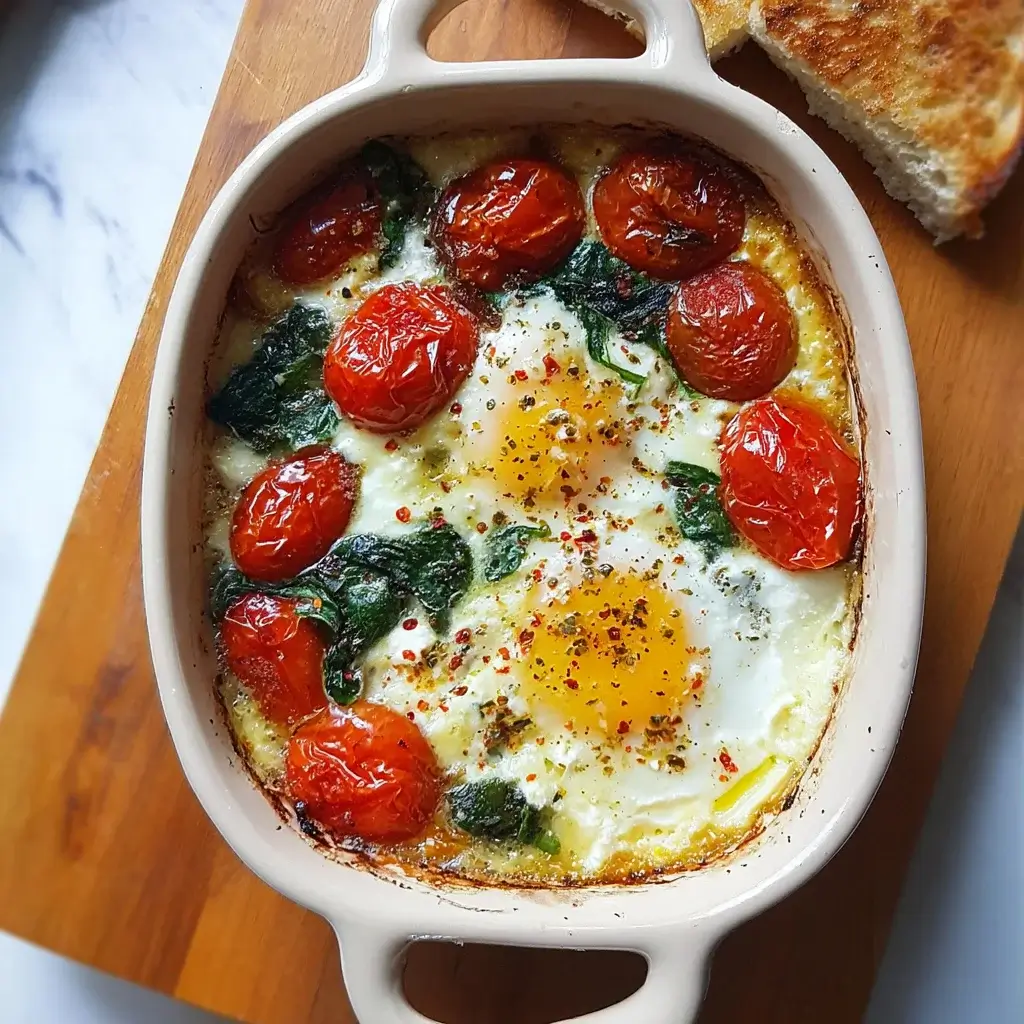Baked Feta Eggs with Spinach and Tomatoes for Breakfast Bliss