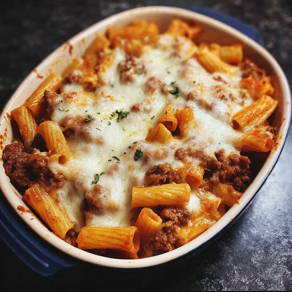 Baked Rigatoni with Ground Beef and Mozzarella delights all!