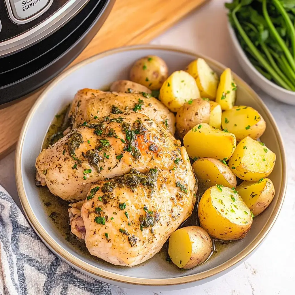 Instant Pot Garlic Herb Chicken and Potatoes made easy!
