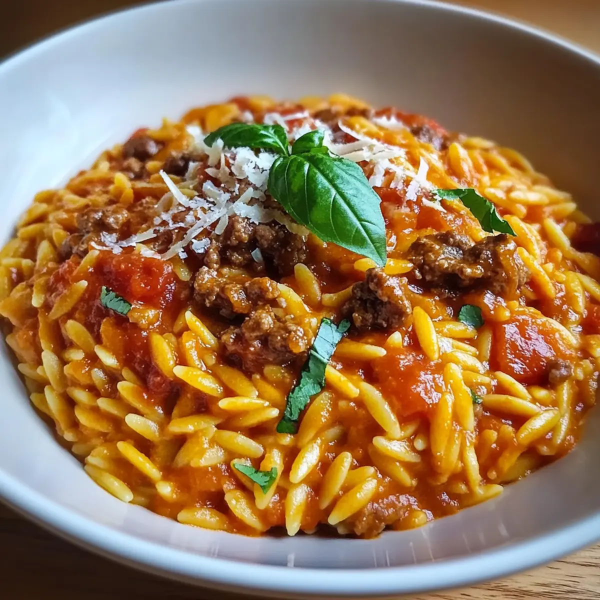 Beef Orzo with Tomato Cream Sauce