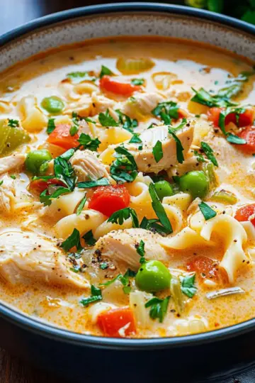 Creamy Parmesan Cajun Chicken Pasta Soup