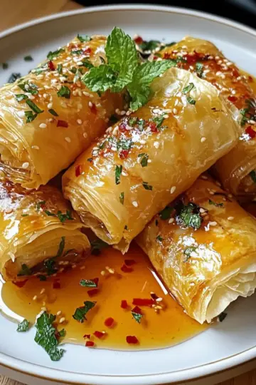 Oven Fried Feta Rolls with Chili Honey