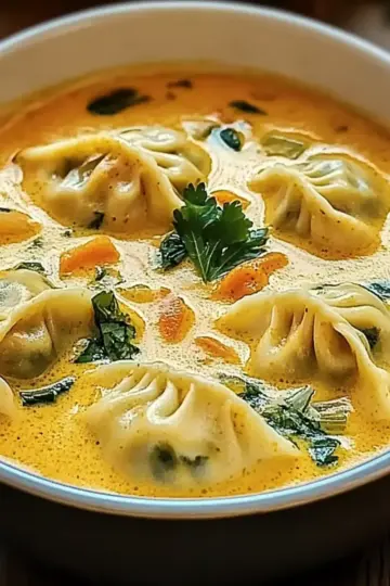Creamy Red Curry Soup with Dumplings & Greens