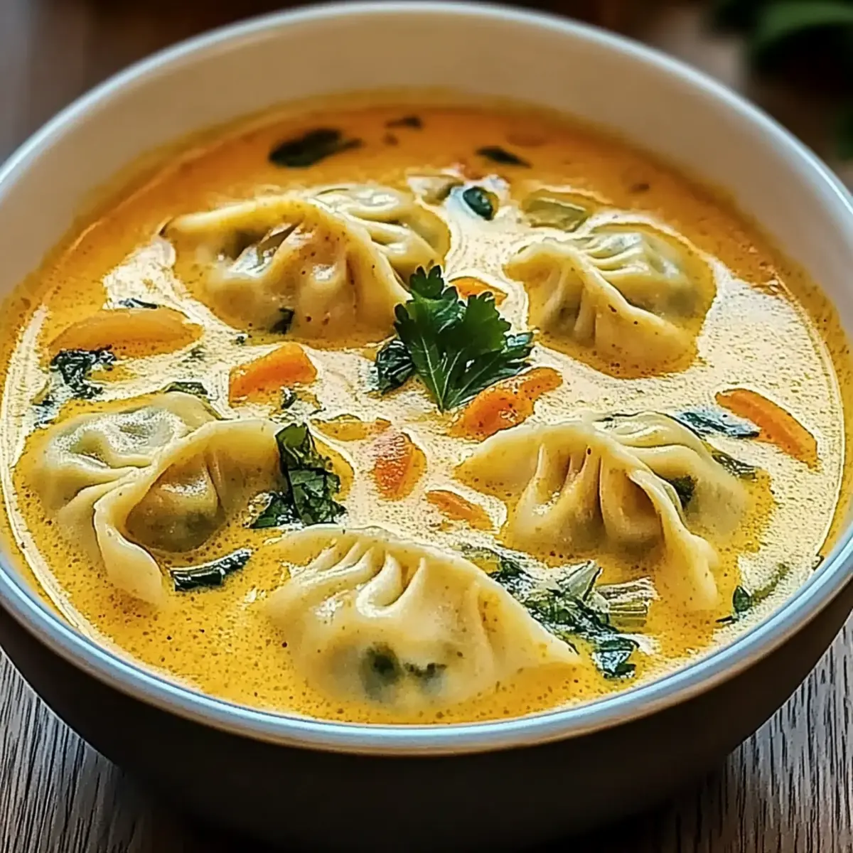 Creamy Red Curry Soup with Dumplings & Greens