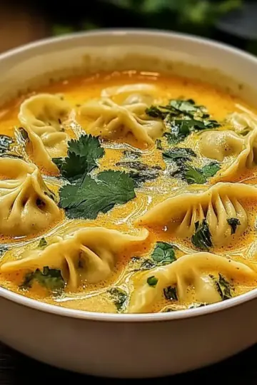 Creamy Red Curry Soup with Dumplings & Greens
