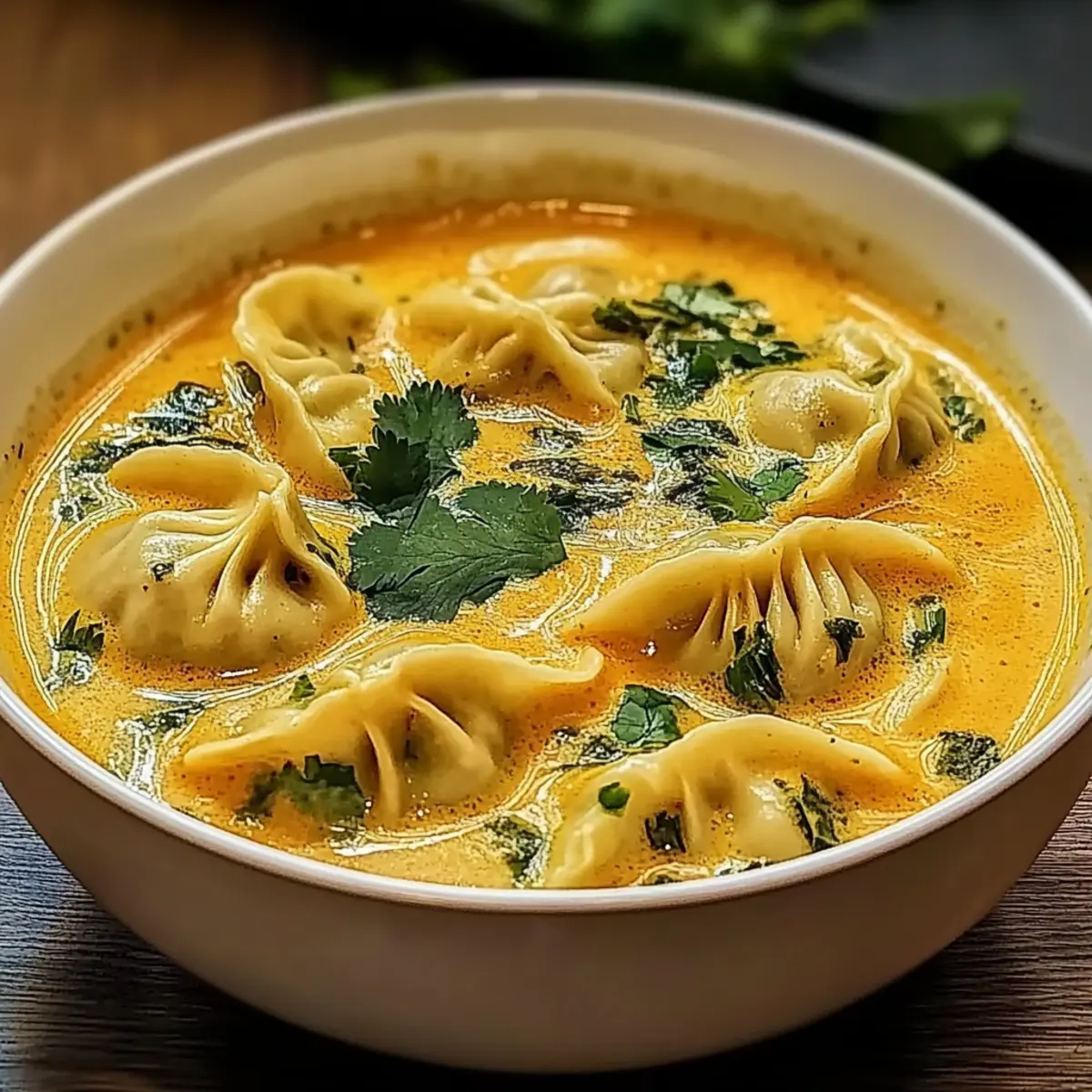 Creamy Red Curry Soup with Dumplings & Greens