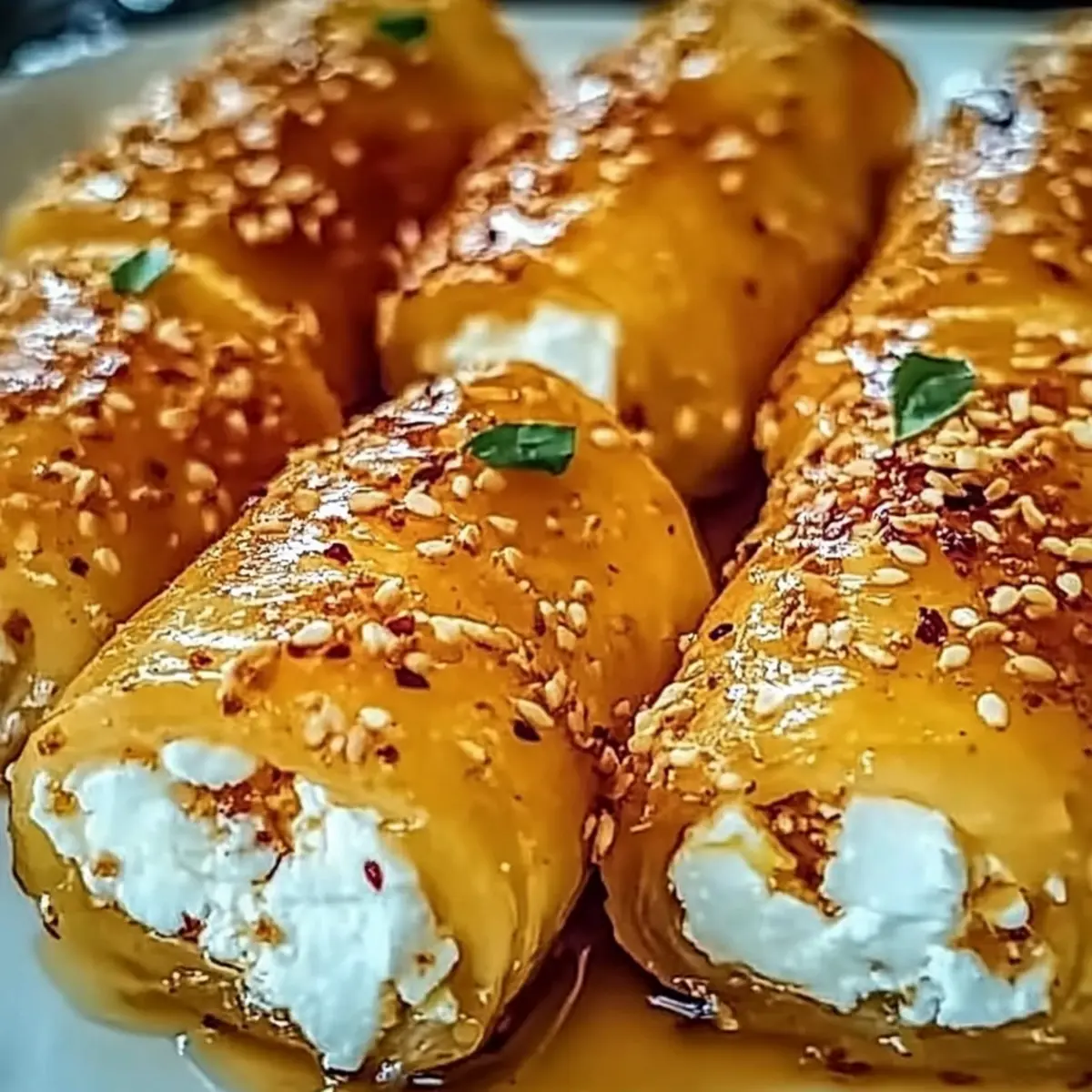 Oven Fried Feta Rolls with Chili Honey