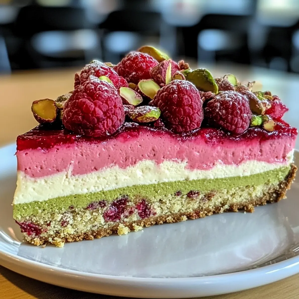 Pistachio Raspberry Crunch Cheesecake