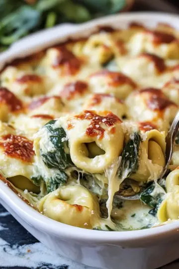 Delish Cheesy Tortellini Spinach Bake