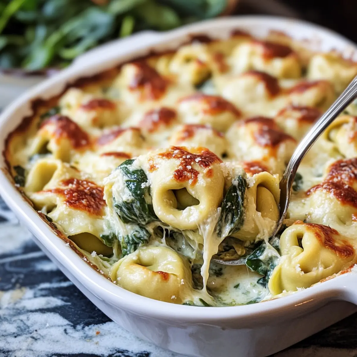 Delish Cheesy Tortellini Spinach Bake