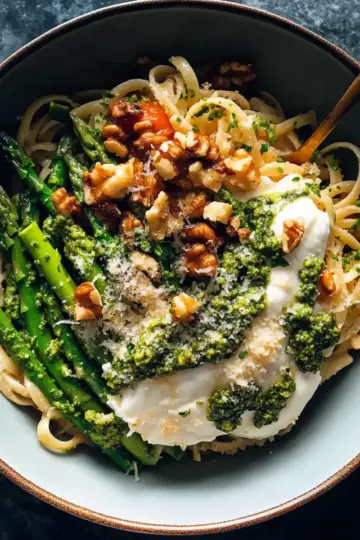 Garlic Cream Bucatini with Peas and Asparagus