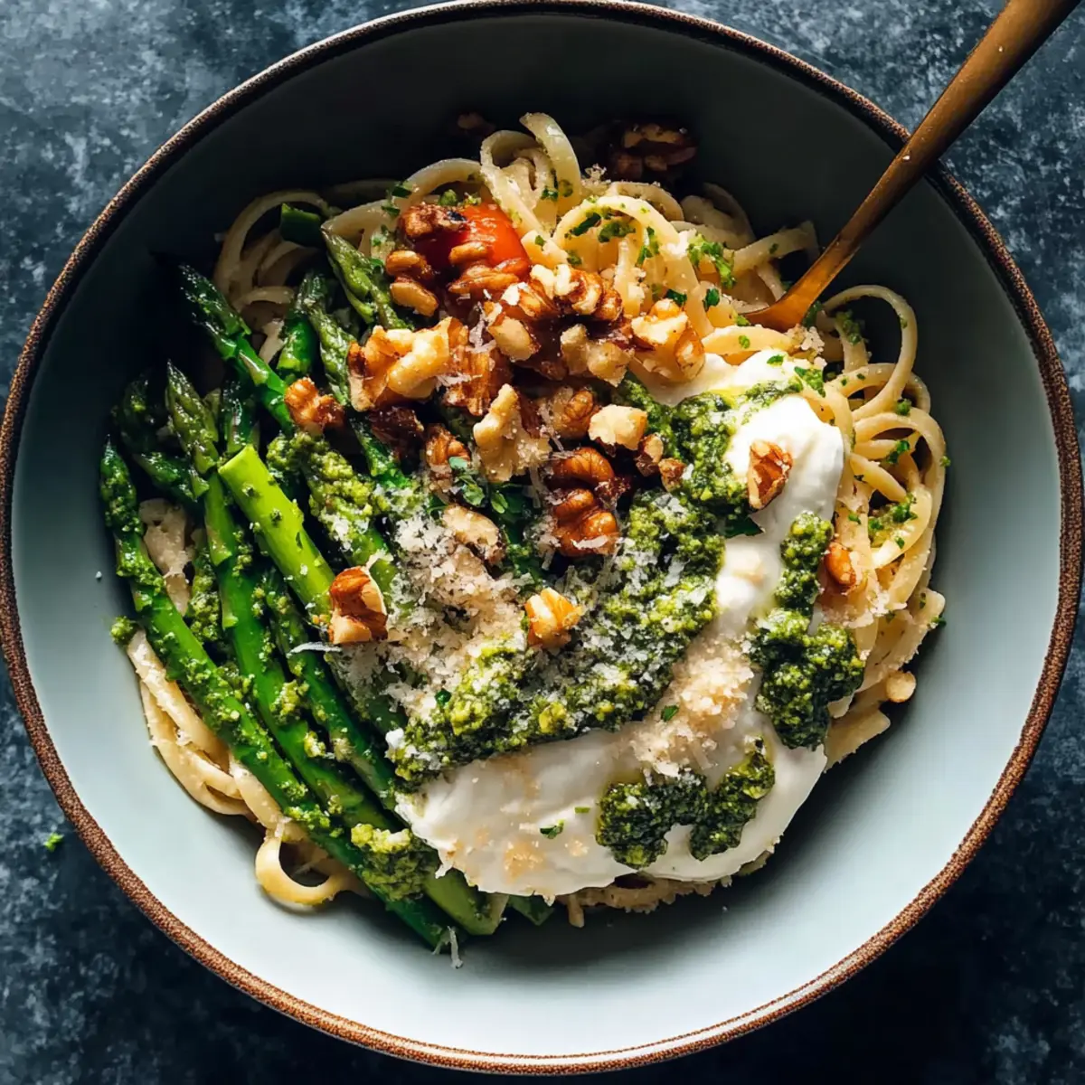 Garlic Cream Bucatini with Peas and Asparagus