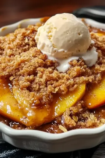 Juicy Peach Crisp Recipe with Vanilla Ice Cream