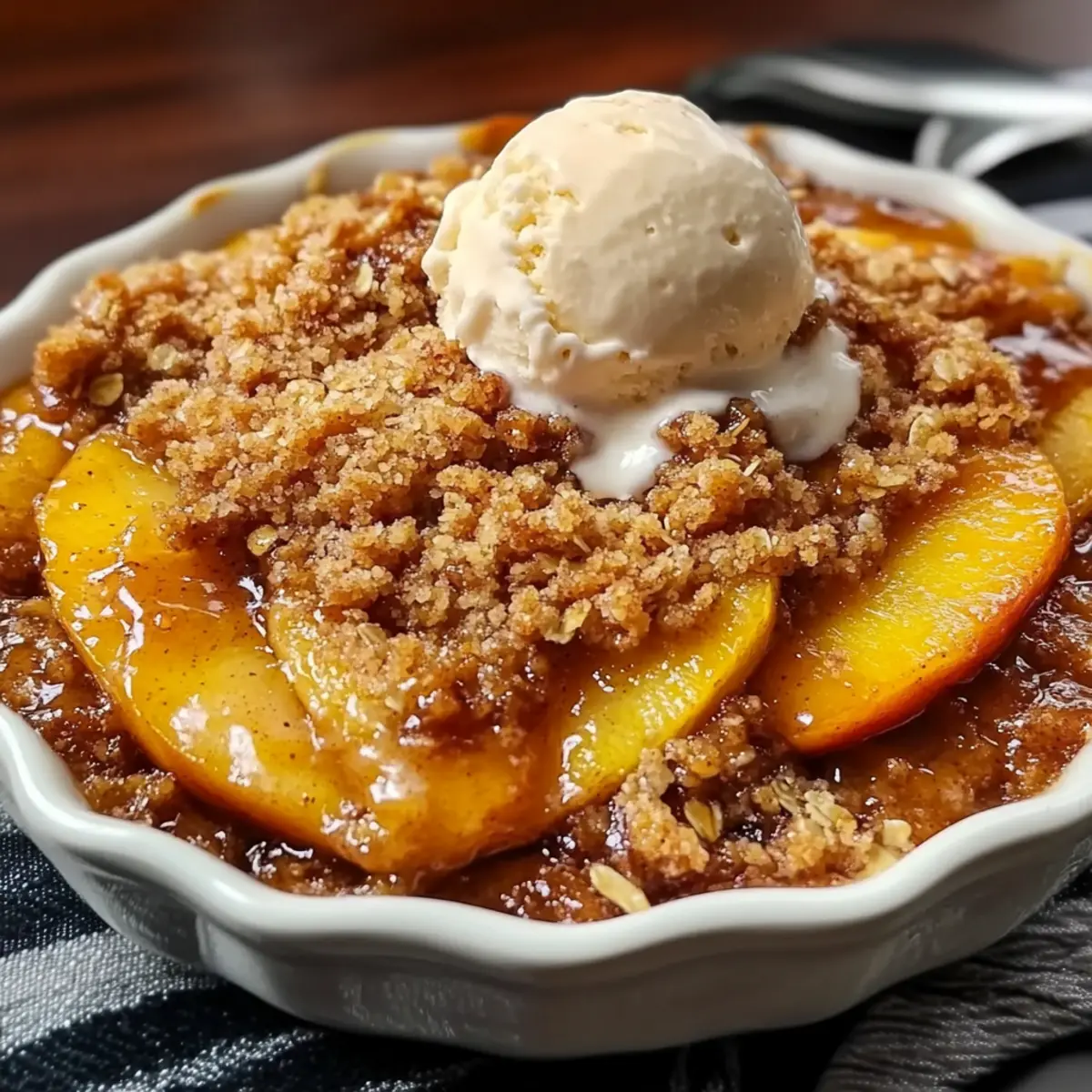 Juicy Peach Crisp Recipe with Vanilla Ice Cream